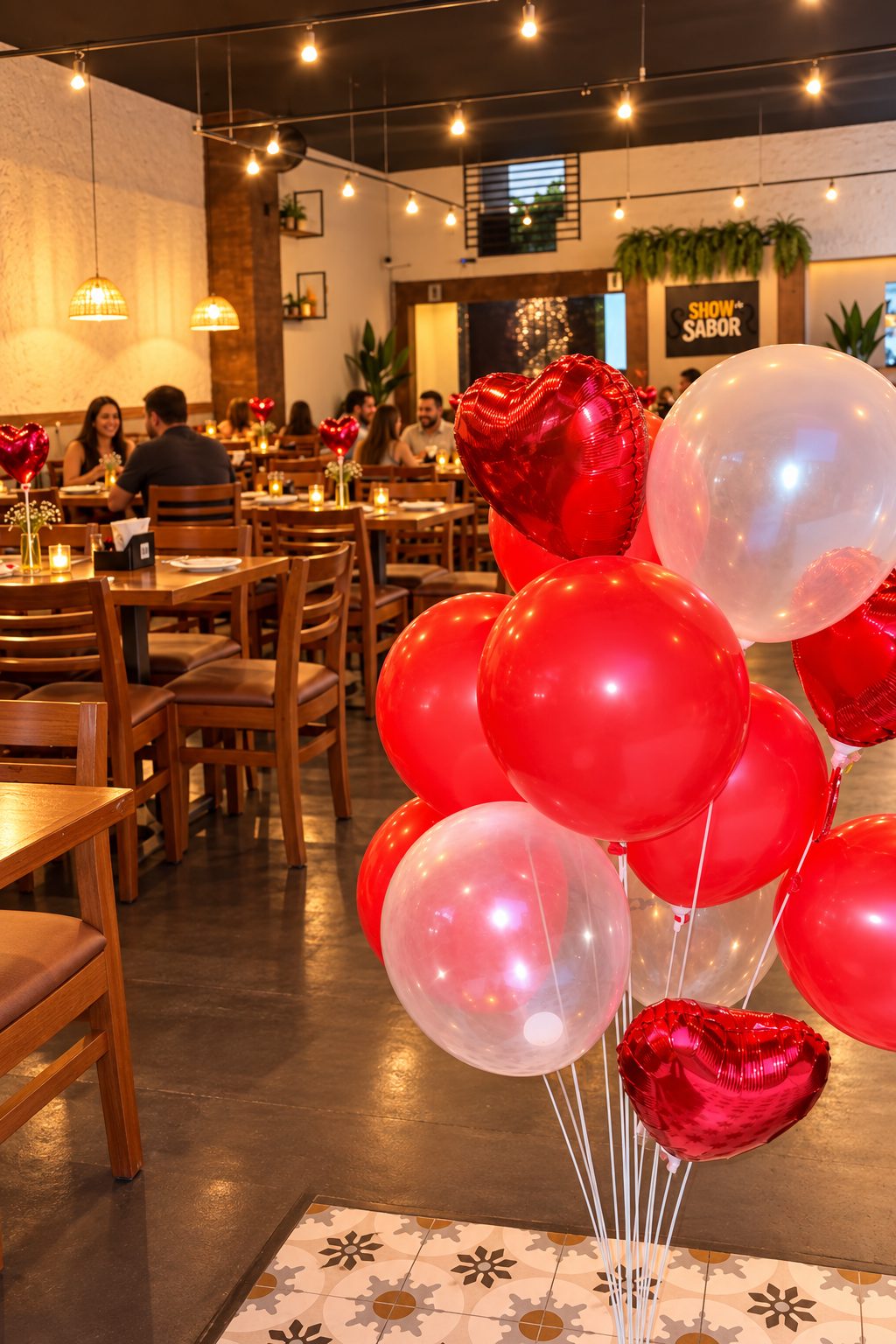 Salão decorado com balões para comemoração