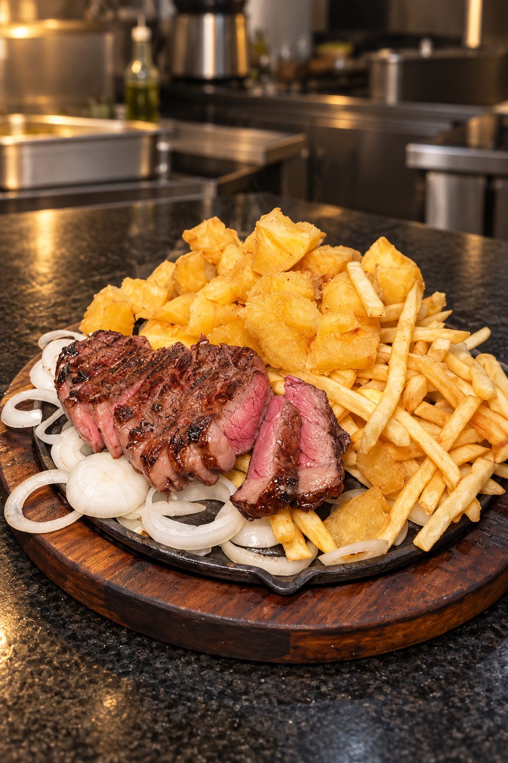 Chapa de picanha com batata frita, mandioca e cebola