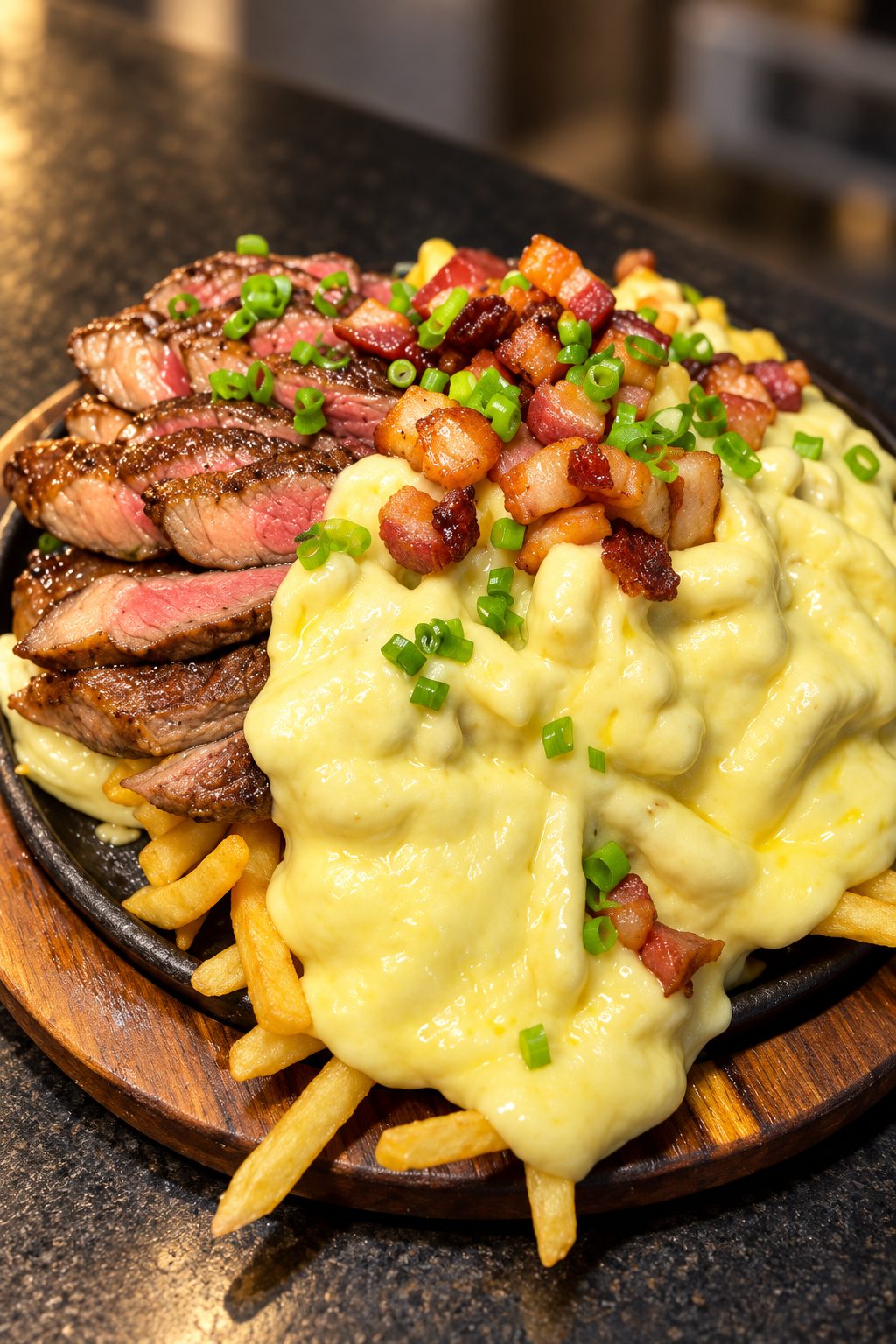 Chapa de carne com batata frita, queijo derretido e bacon